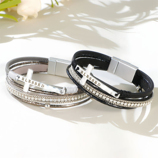 Boho Cross Blessed Layered Leather Bracelet