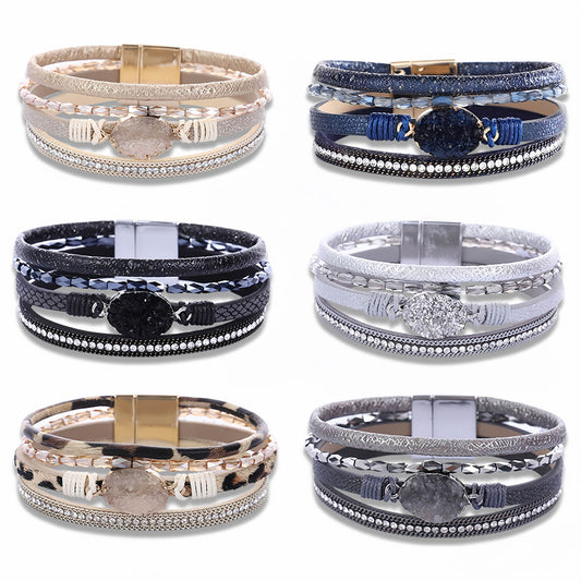 Boho Multilayer Leather Wrap Bracelet with Crystal