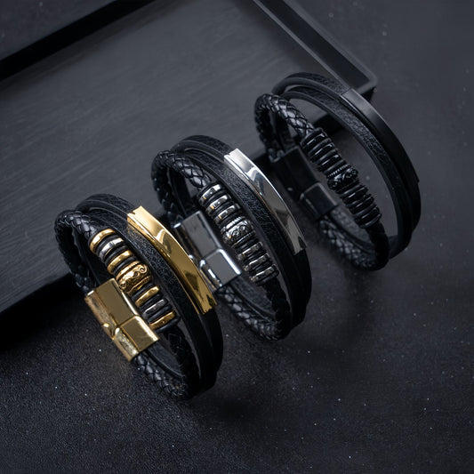 Decorative Metal Ring Men’s Leather Bracelet