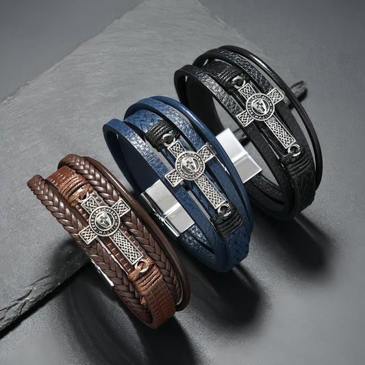 Men's Medallion Cross Braided Leather Bracelet