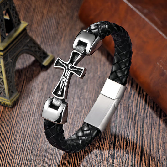 Men's Engraved Cross Leather Bracelet