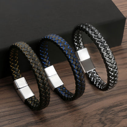 Men’s Wide Braided Leather Bracelet with Textured Metal Accents