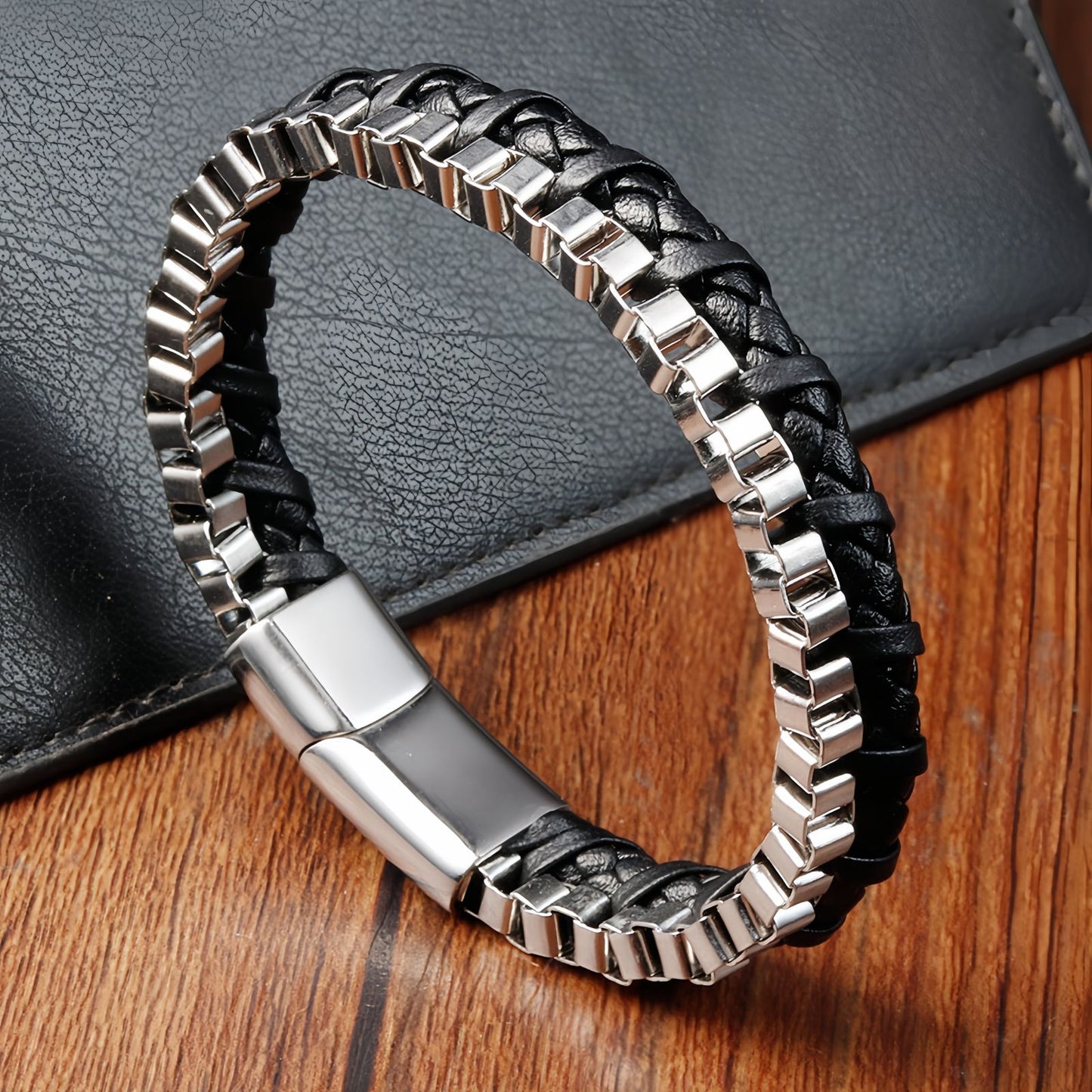 Men's Stainless Steel Chain Leather Bracelet