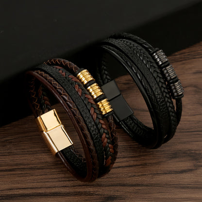 Layered Leather Bracelet with Metal Ring Accents for Men