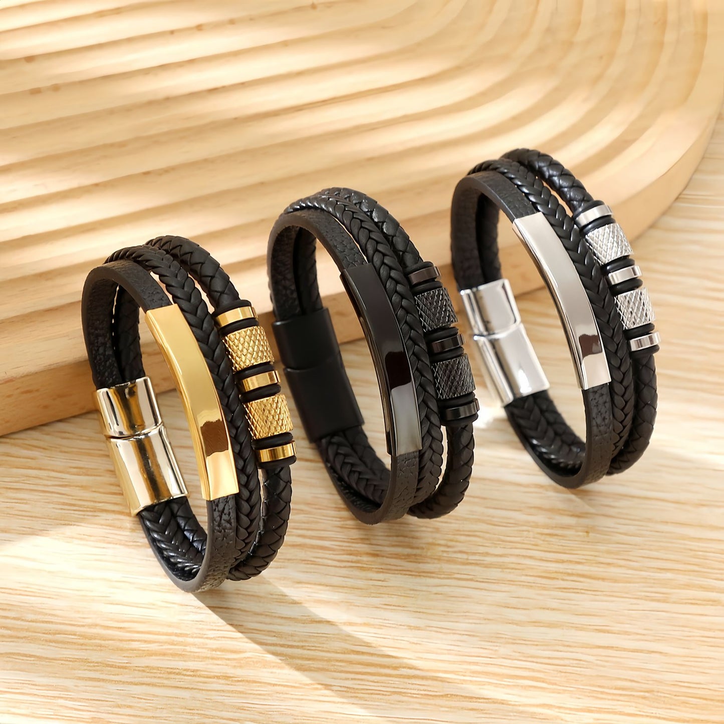Men’s Geometric Multi-Layer Leather Bracelet