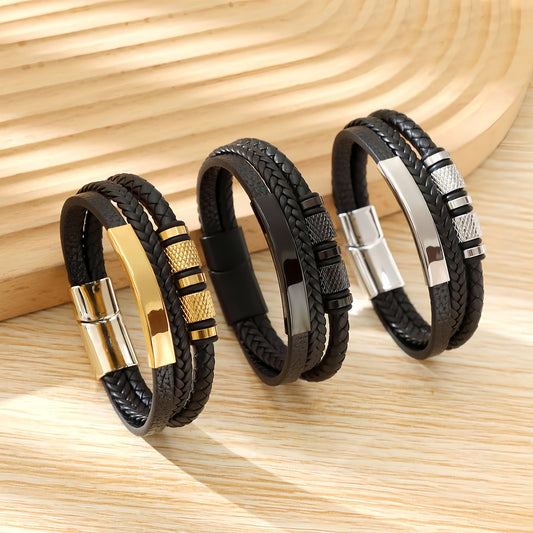 Men’s Geometric Multi-Layer Leather Bracelet