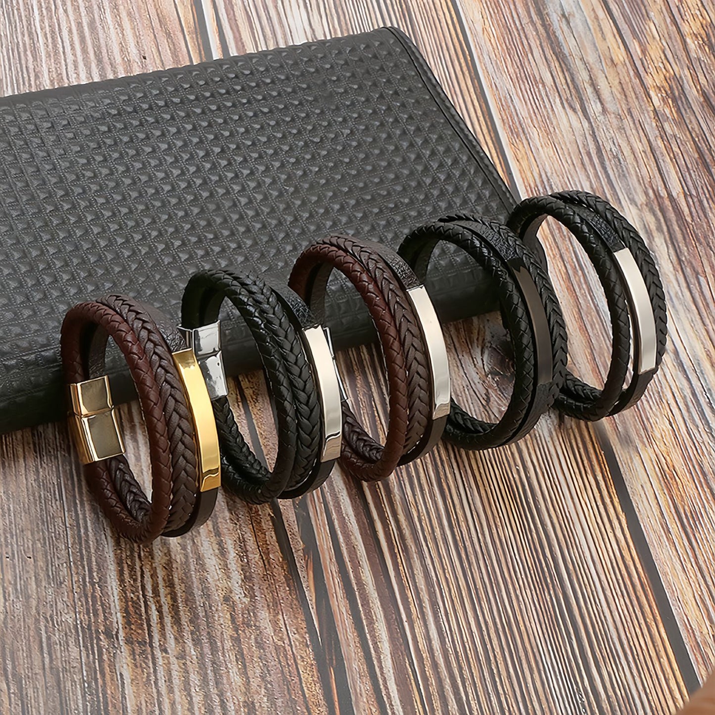 Geometric Bar Layered Leather Bracelet for Men