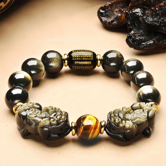 Golden Obsidian Double Pixiu Bracelet with Tiger Eye Centerpiece