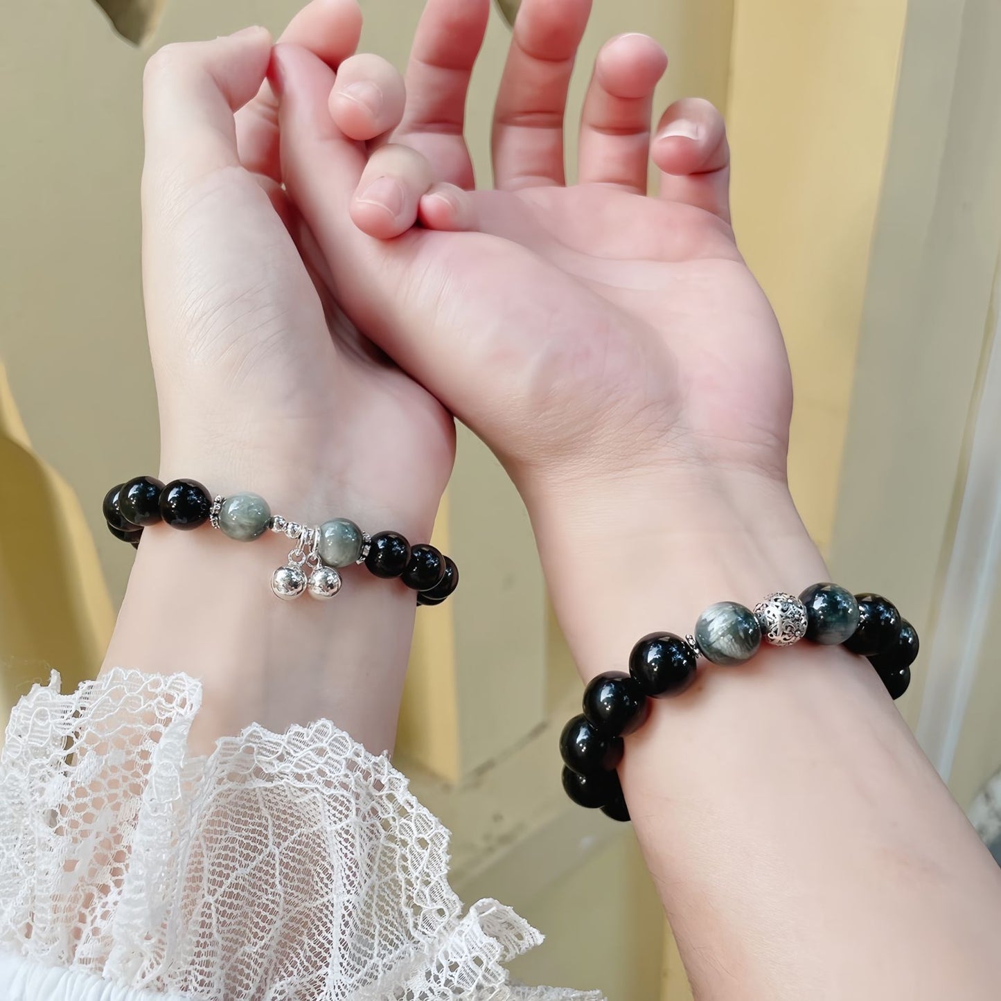 Obsidian Couple Bracelets with Bell Charms