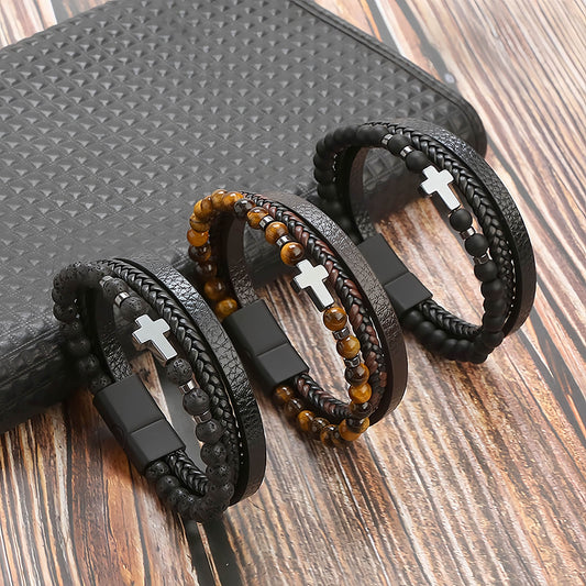 Men’s Cross Natural Stone Beads Leather Bracelet