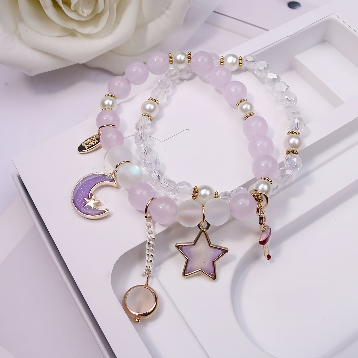 Moon & Star Double Layer Crystal Beaded Bracelet