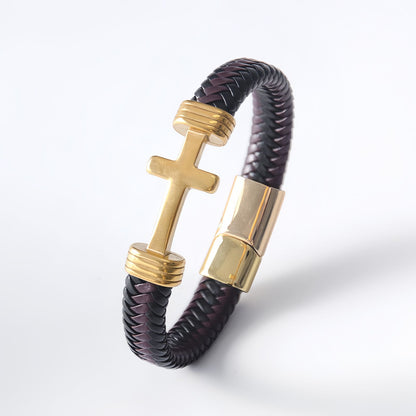 Men's Thick Braided Leather Cross Bracelet