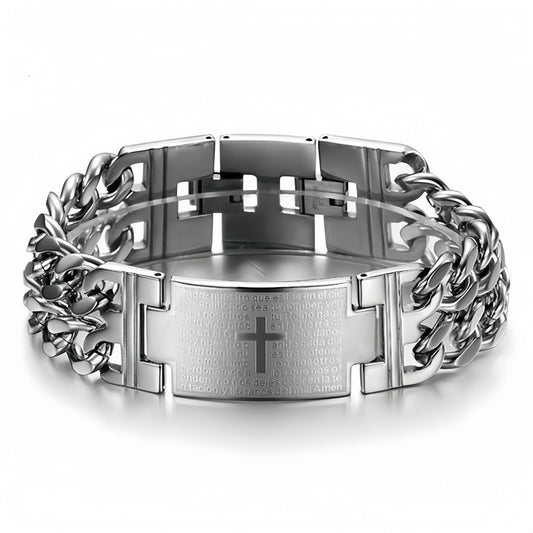 Cross Plate Double Row Curb Chain Bracelet