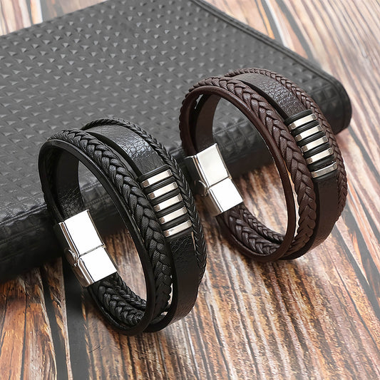 Striped Metal Accent Leather Bracelet for Men
