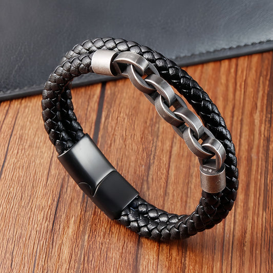 Bold Chain Link Leather Men's Bracelet