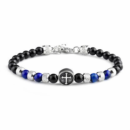 Tiger Eye Beaded Cross Bracelet, Stainless Steel Vintage Crystal Wristband for Men