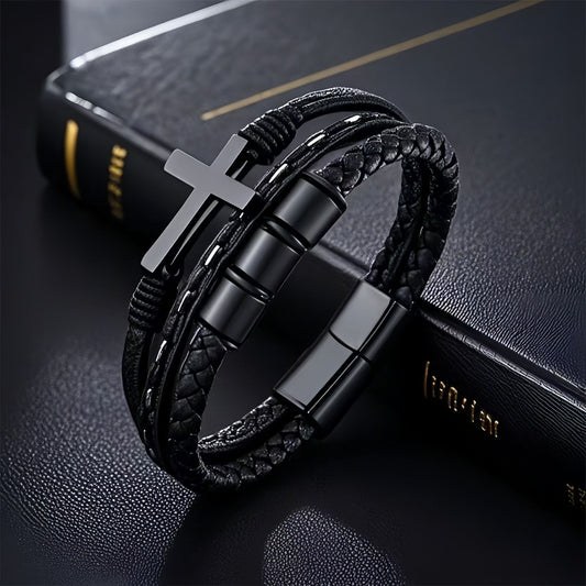 Men's Tube Bead Leather Bracelet with Cross