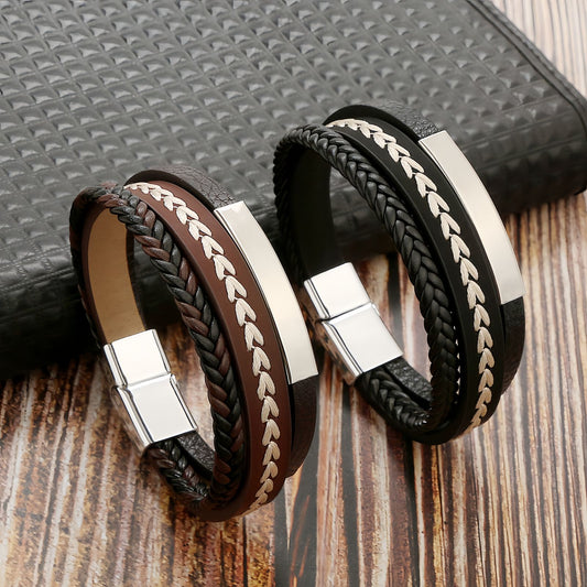 Leaf Stitch Multi-Layer Braided Leather Bracelet