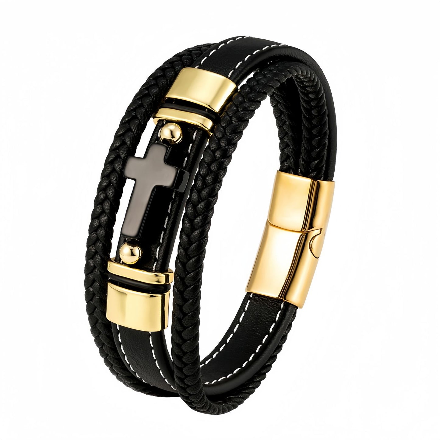 Men’s Black Onyx Cross Leather Bracelet