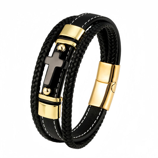 Men’s Black Onyx Cross Leather Bracelet
