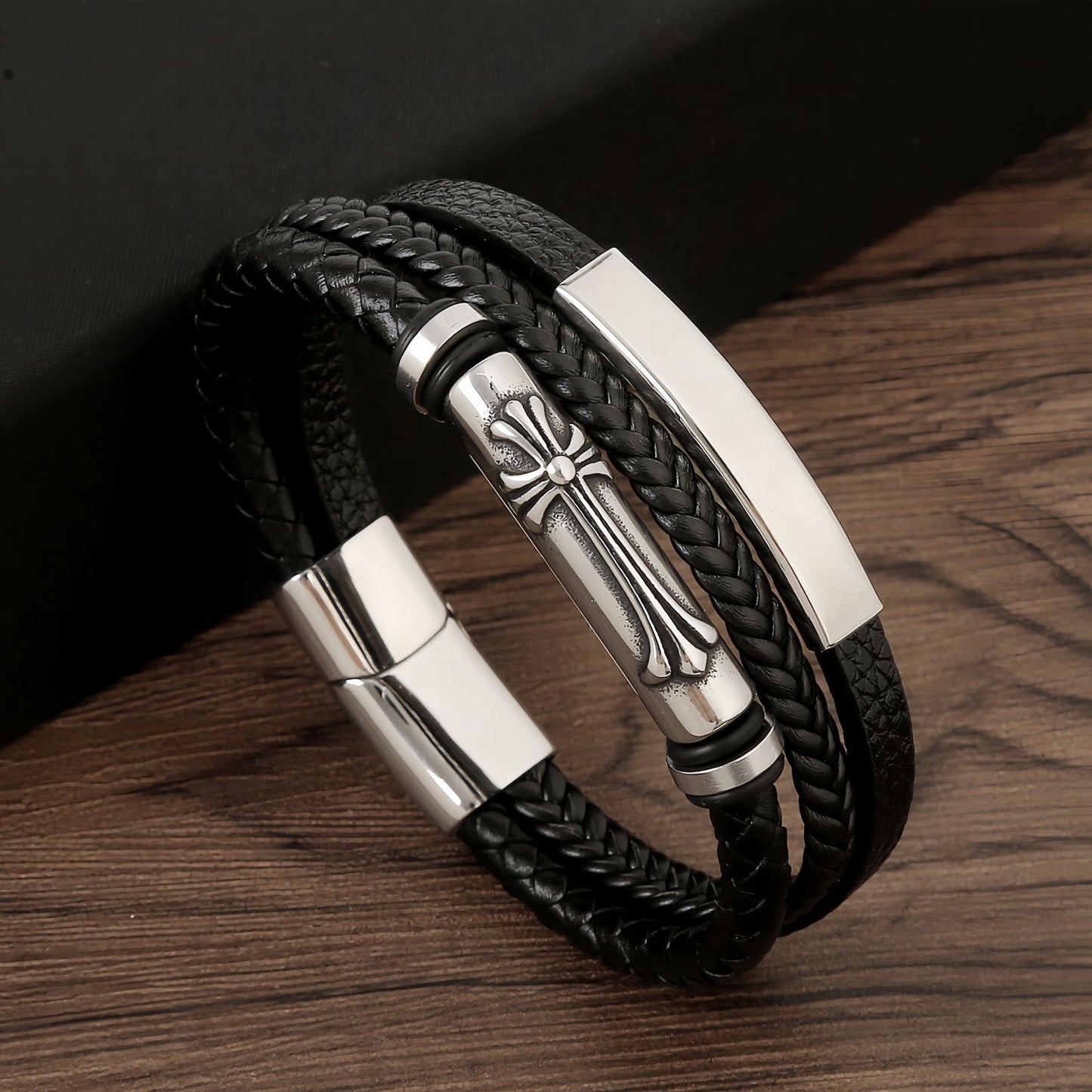 Men's Cylinder Cross Braided Leather Bracelet