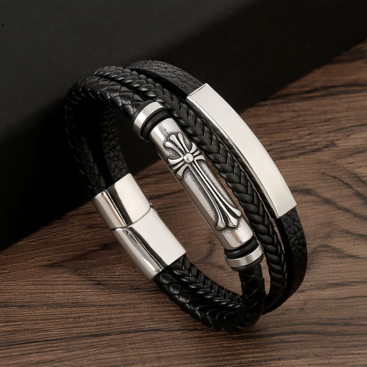 Men's Cylinder Cross Braided Leather Bracelet