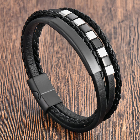 Black & White Cube Accents on Men’s Black Multi-Strand Leather Bracelet