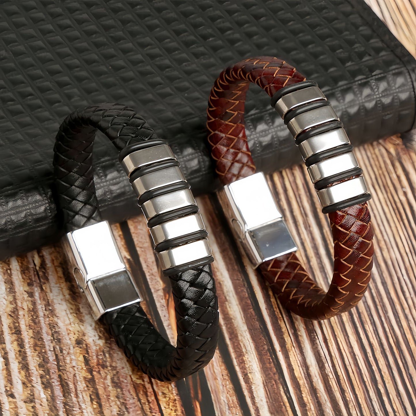 Men’s Braided Leather Bracelet with Layered Steel Bars