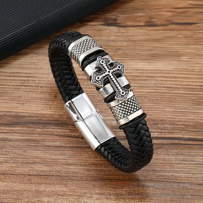 Cross Shield Braided Leather Men's Bracelet