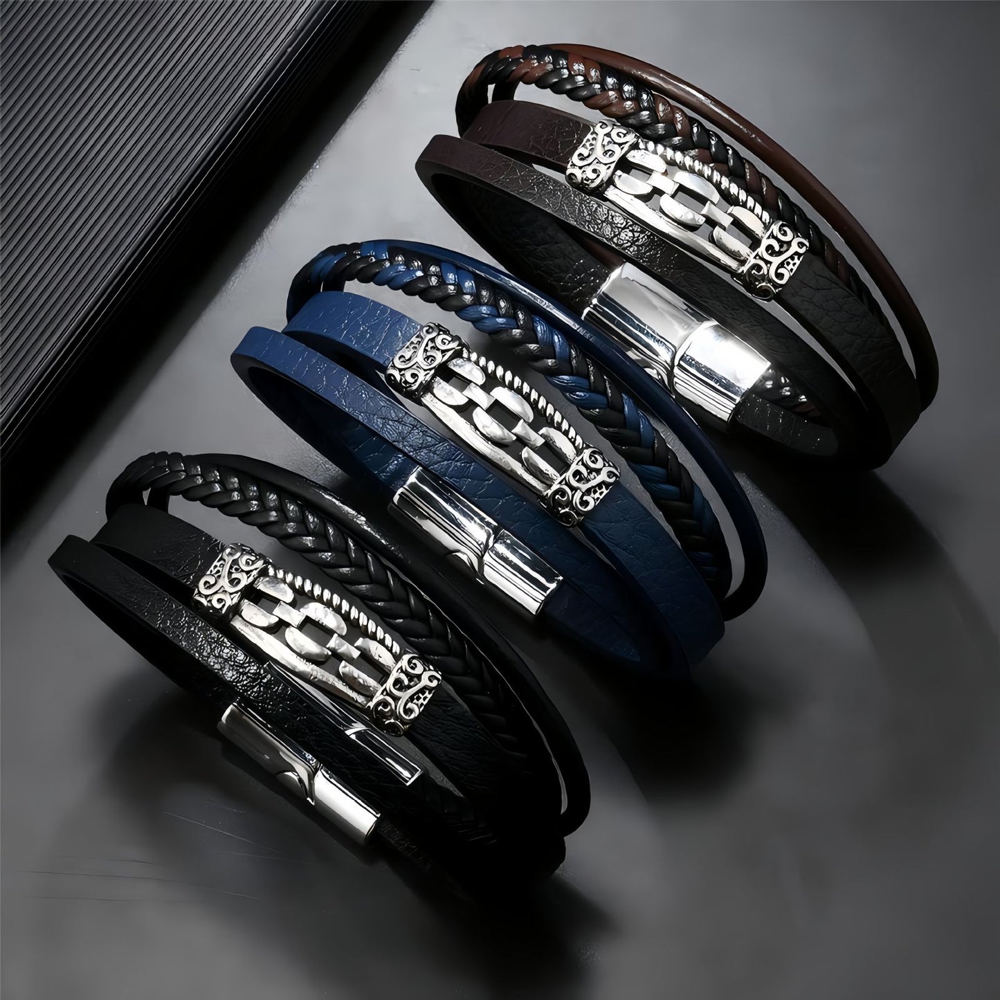 Vintage Engraved Steel Accent Multi-Layer Leather Bracelet