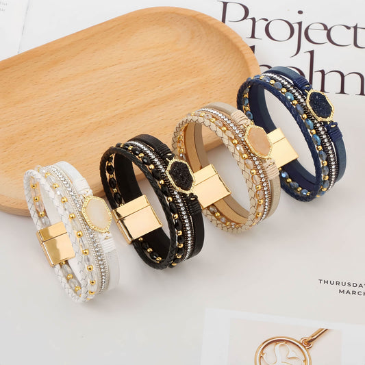 Boho Leather Wrap Bracelet with Crystal Beads & Clasp