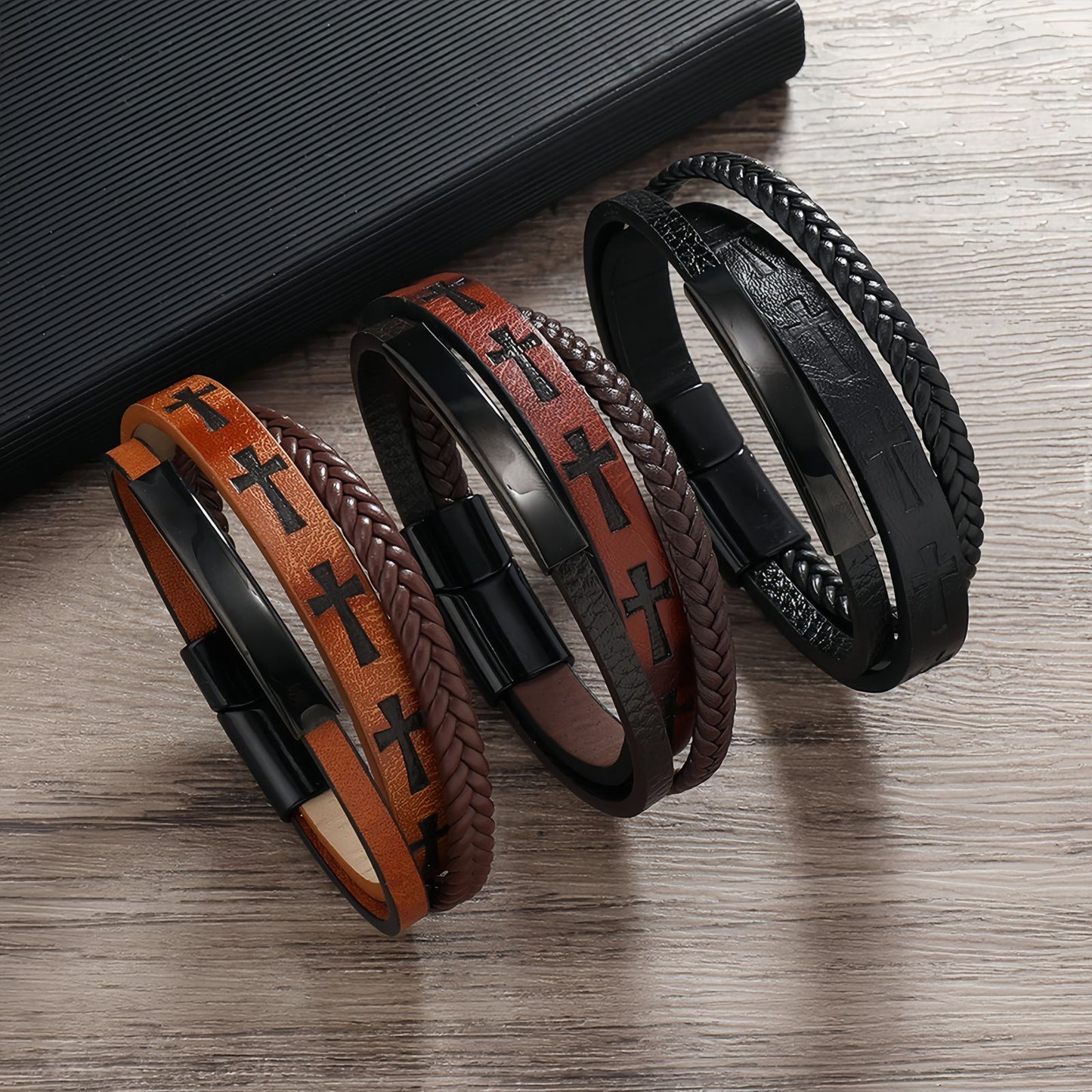 Cross Pattern Multi-Layer Men’s Leather Bracelet