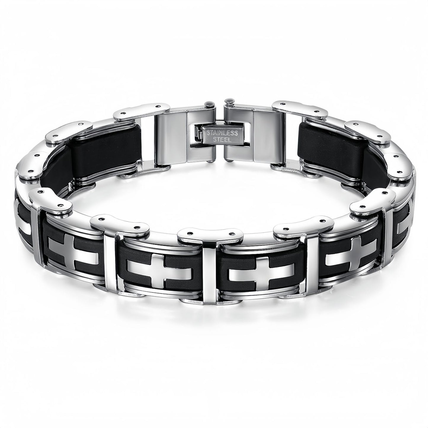 Cross Inlay Stainless Steel Link Bracelet