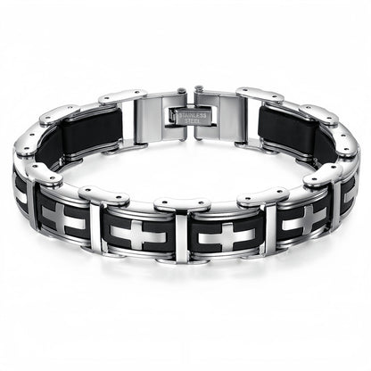 Cross Inlay Stainless Steel Link Bracelet