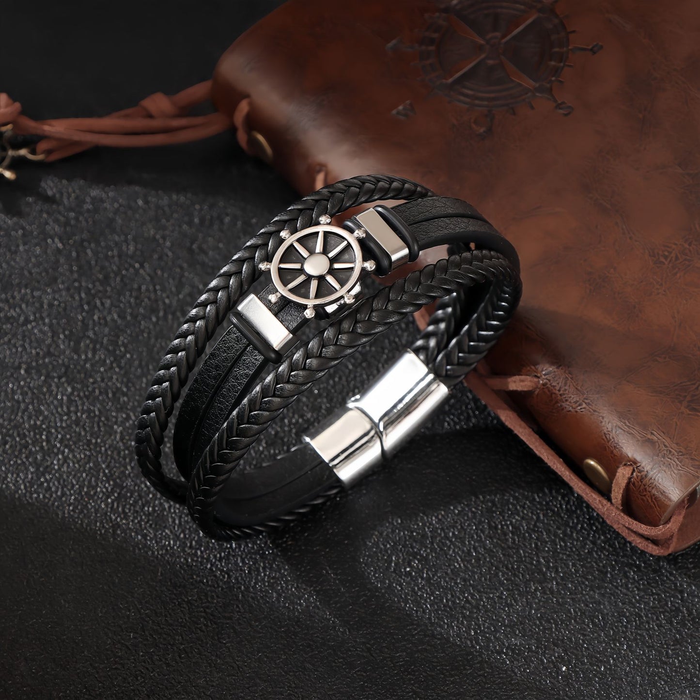 Nautical Wheel Leather Bracelet