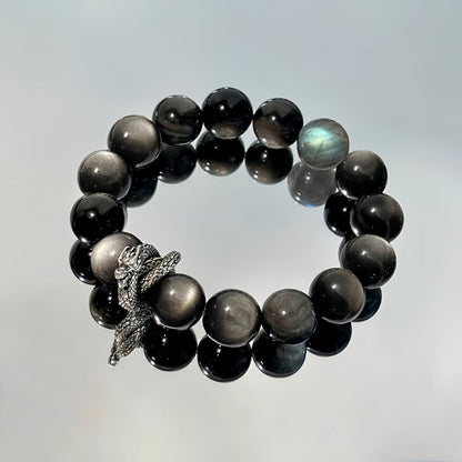 Lucky Dragon Silver Obsidian Men’s Bracelet