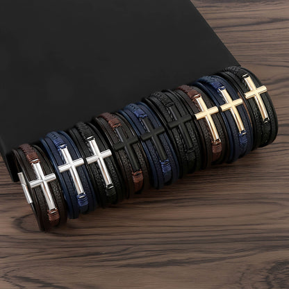 Men’s Braided Leather Bracelet with Cross Charm