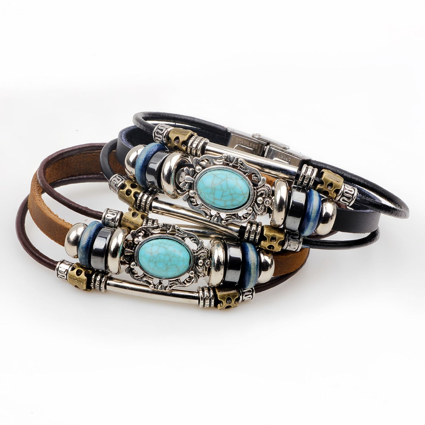 Turquoise Stone Accent Men's Leather Bracelet
