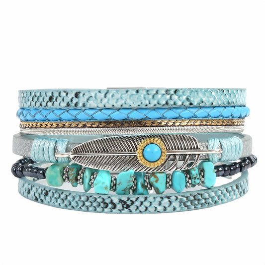 Boho Leather and Turquoise Feather Bracelet