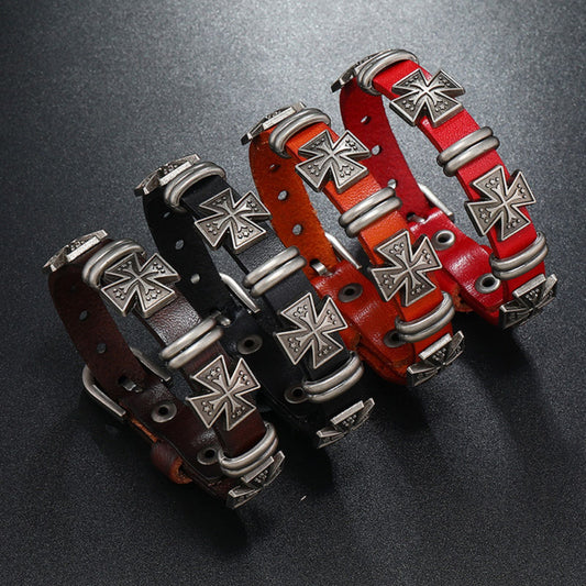 Men's Multi Cross Punk Leather Bracelet
