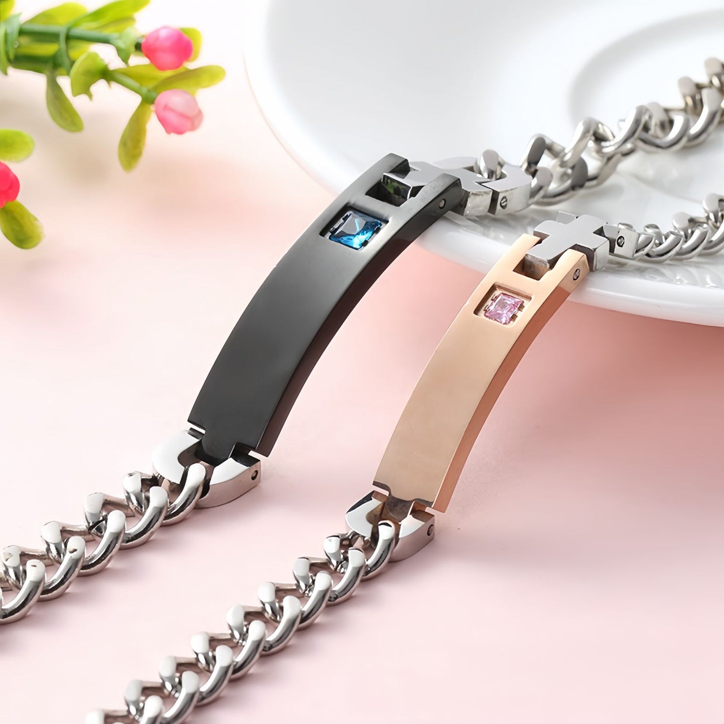 Cross Bar Cuban Chain Couple Bracelet Set