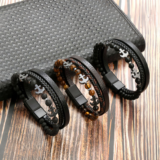 Men’s Multi-Layer Leather & Tiger Eye Beaded Cross Bracelet