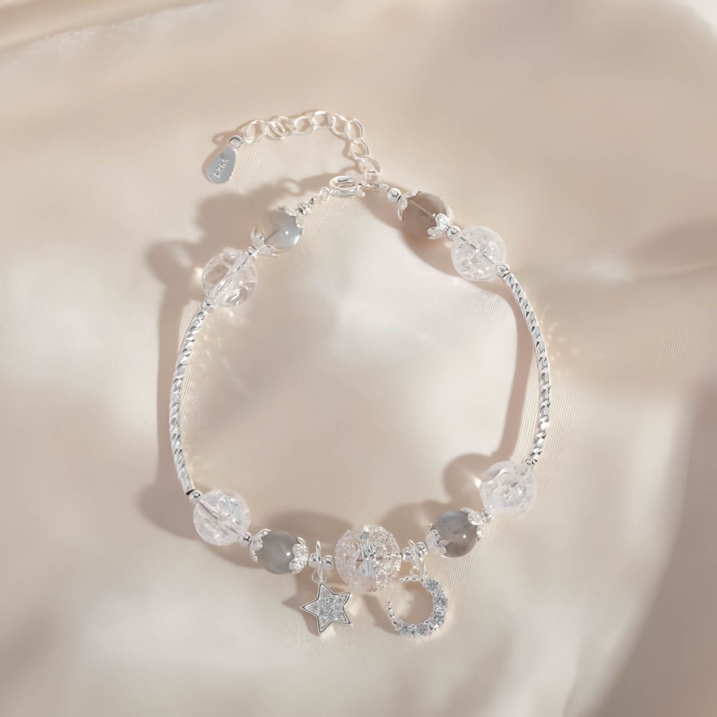 Moonstone Crystal Beaded Bracelet with Star & Moon Pendant
