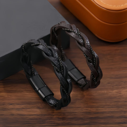 Braided Leather Chain-Link Men’s Bracelet