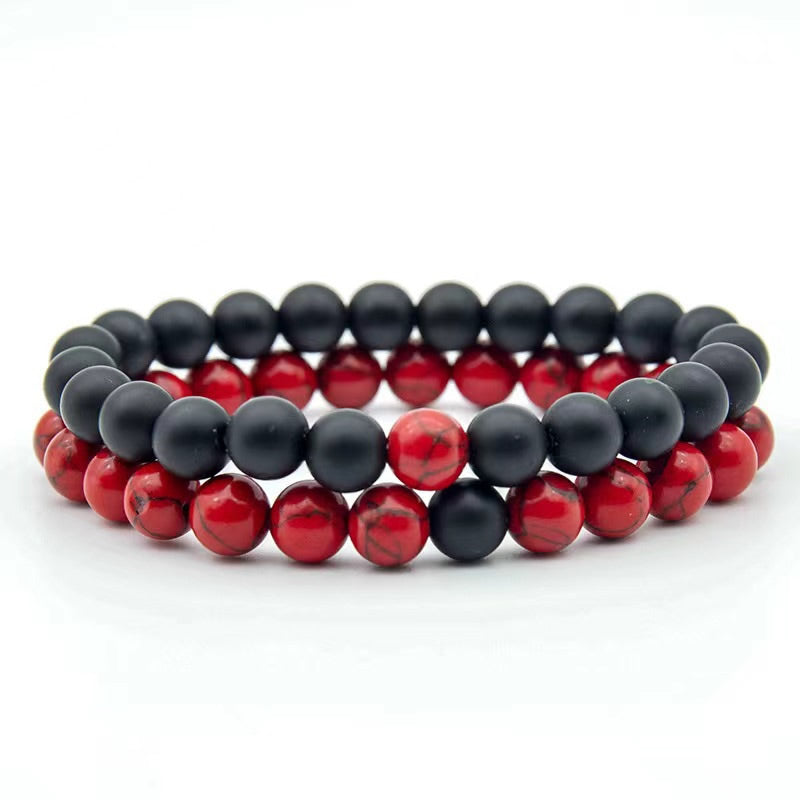 2Pcs Red Howlite & Black Onyx Beaded Couple's Bracelets Set