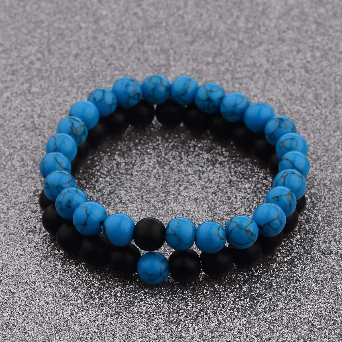 2Pcs Red Howlite & Black Onyx Beaded Couple's Bracelets Set