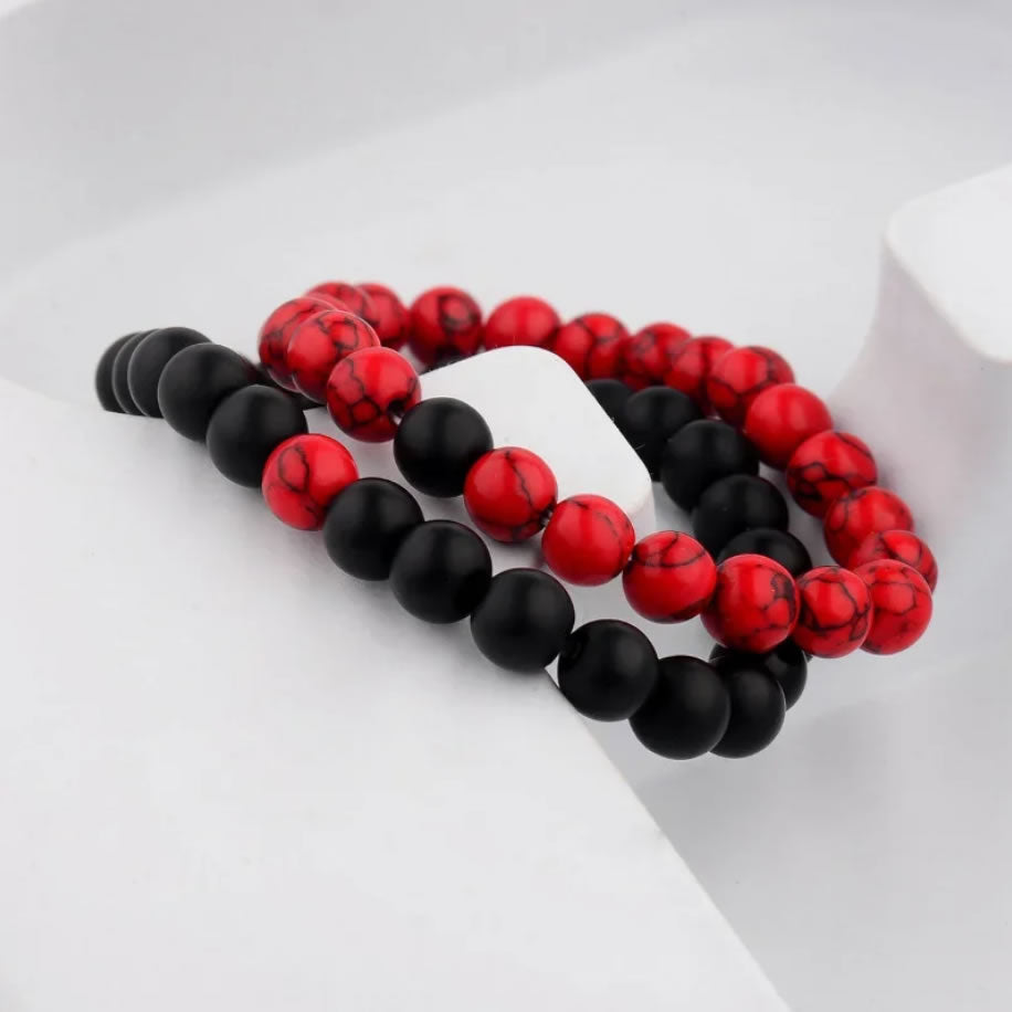 2Pcs Red Howlite & Black Onyx Beaded Couple's Bracelets Set