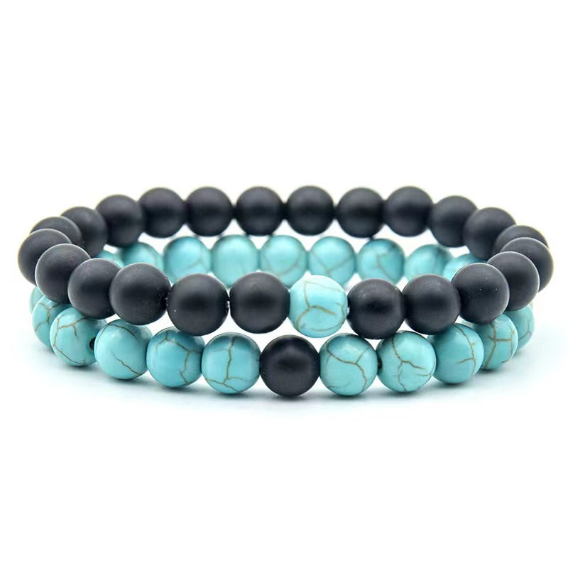 2Pcs Red Howlite & Black Onyx Beaded Couple's Bracelets Set