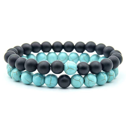 2Pcs Red Howlite & Black Onyx Beaded Couple's Bracelets Set