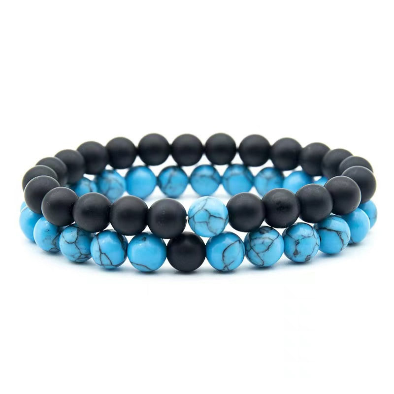 2Pcs Red Howlite & Black Onyx Beaded Couple's Bracelets Set
